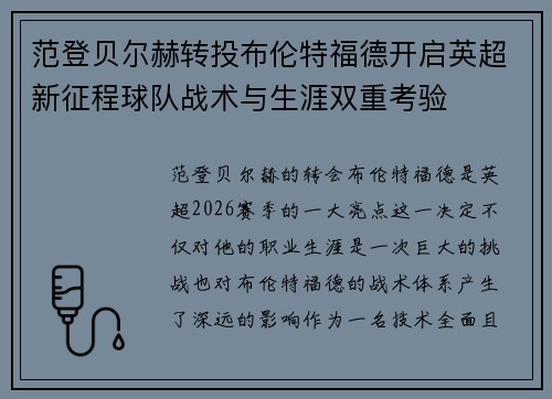范登贝尔赫转投布伦特福德开启英超新征程球队战术与生涯双重考验 范登贝尔赫转投布伦特福德开启英超新征程球队战术与生涯双重考验